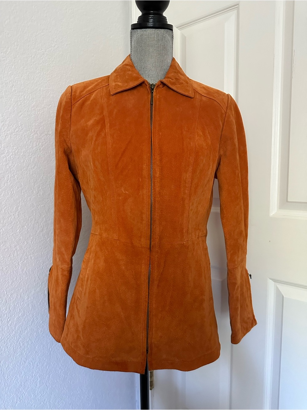 Terry Lewis Classic Luxuries orange zip-up suede leather jacket petite Small